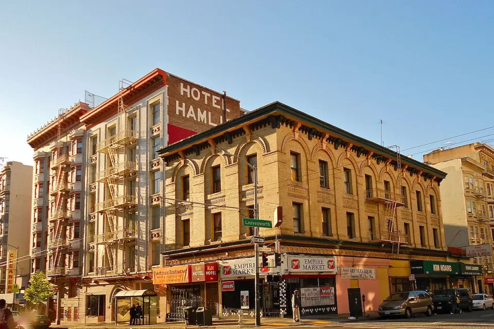View of Hotel Hamlin SRO supportiveh ousing building in San Francisco Tenderloin district.